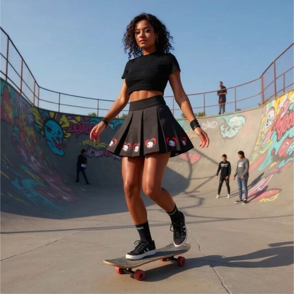 Betty Boop Pleated Mini Skirt Black Red Heart Appliqué Cartoon Pinup Style S - Picture 2 of 2